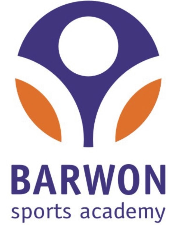 Circular purple, white and orange Barwon sports academy text logo.
