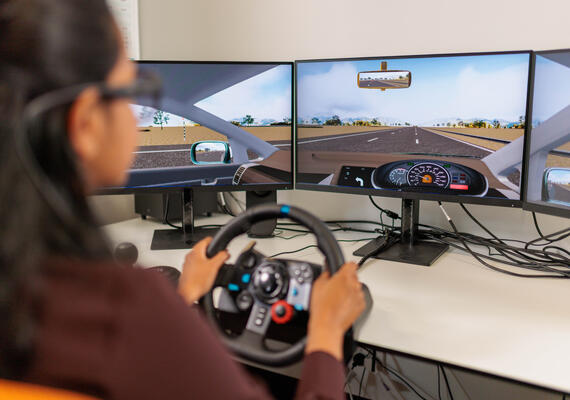 A person sits at a computer with a pretend steering wheel and plays a driving video game.