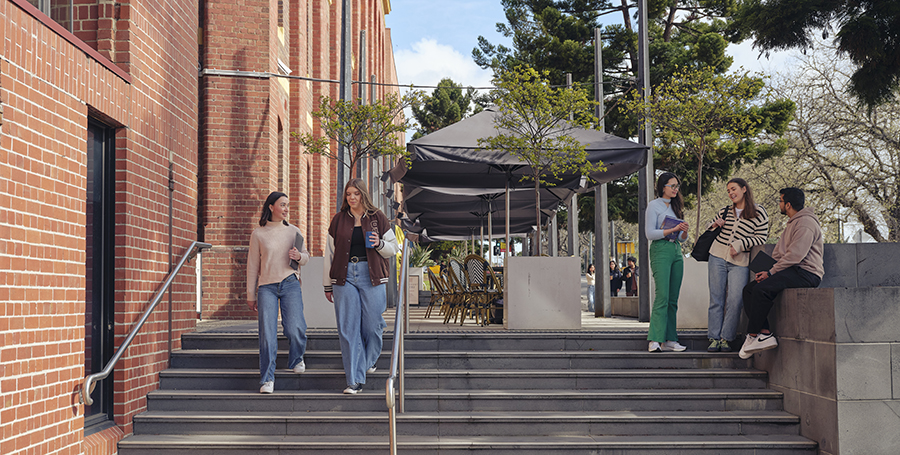 Students walking and talking going down stairs outside