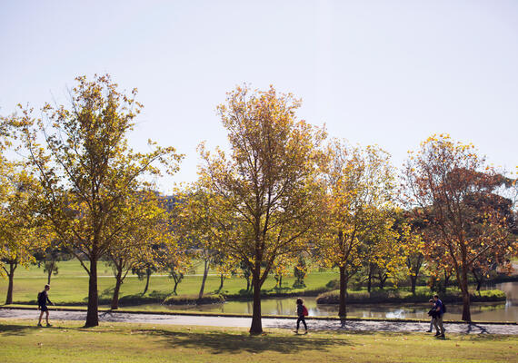 Students walk along a pathway next to a river, underneath Autumn trees.