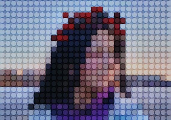 A deliberately pixellated abstract image of a woman in a blue shirt with a purple scarf.