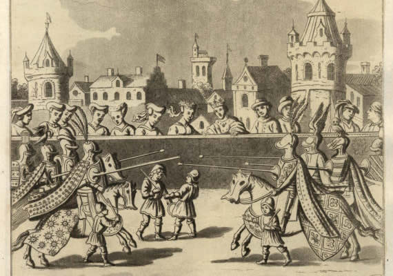 Illustration of medieval knights on horses, jousting.