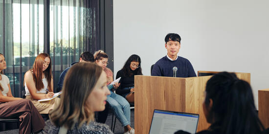Psychology student in a makeshift courtroom at Deakin University