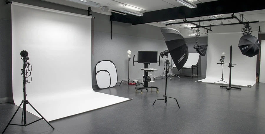 One of Deakin's Professional photographic lighting studios, with equipment setup ready to use, showing large format backdrops