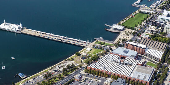 Geelong Waterfront Deakin campus from aerial view.