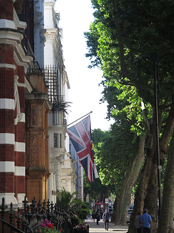 Union Jack flag hanging in a street in London