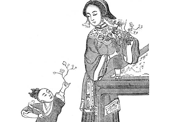 Chinese woodcut of woman and child arranging flowers.