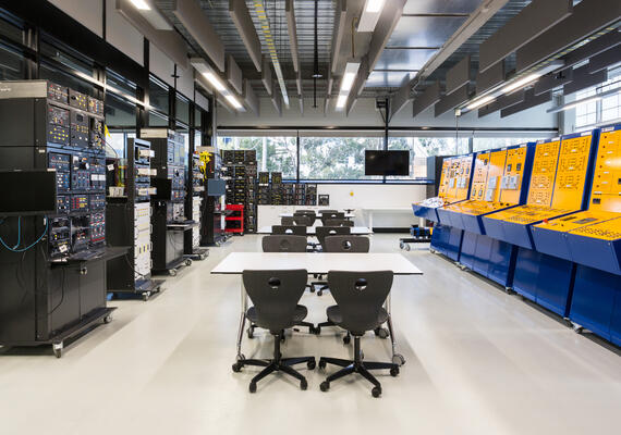 Deakin's electrical engineering lab showing power system simulators