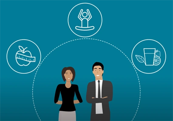 A graphic of two employees standing beneath icons related to wellbeing, including an apple, a yoga pose and a glass of juice.