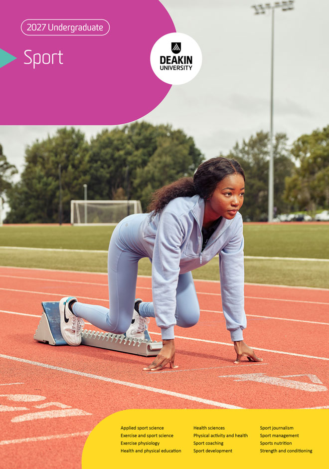 deakin-undergraduate-sport-courses-guide-cover-660x940 Cover of Deakin’s 2027 sport guide, showing a student in running starting blocks on an athletics track.