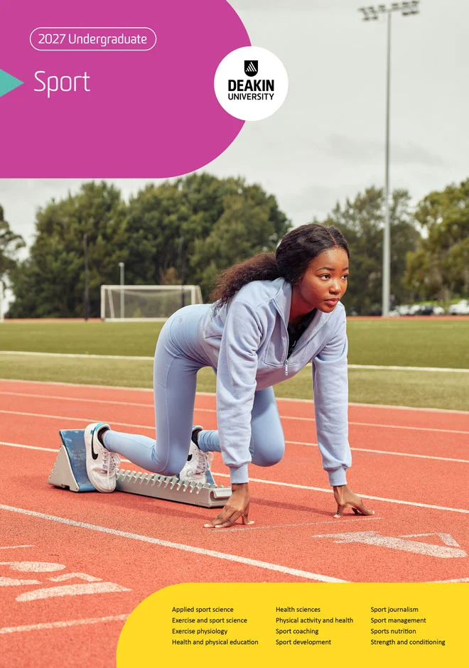 deakin-undergraduate-sport-courses-guide-cover-660x940 Cover of Deakin’s 2027 sport guide, showing a student in running starting blocks on an athletics track.