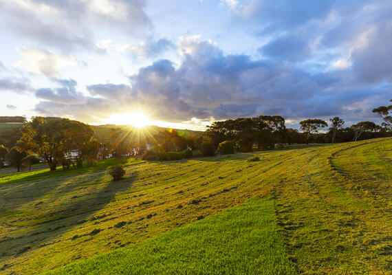 The sun sets over farmland in regional Victoria.
