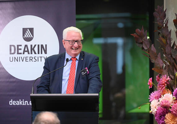 Chancellor of Deakin University Mr John Stanhope AM presents at the 2023 Deakin Alumni Awards. 