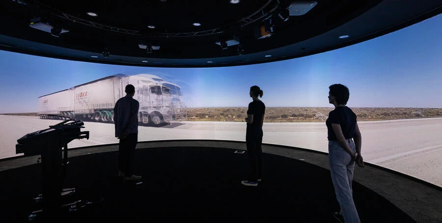 Students experiencing different classroom environments virtually in a 360-degree theatre at our Nyaal interactive learning precinct