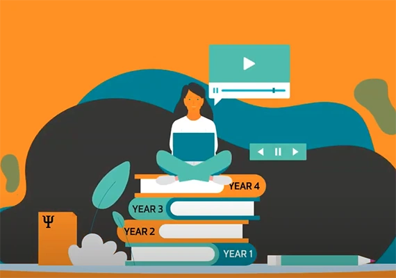 Illustration of student sitting on stack of books
