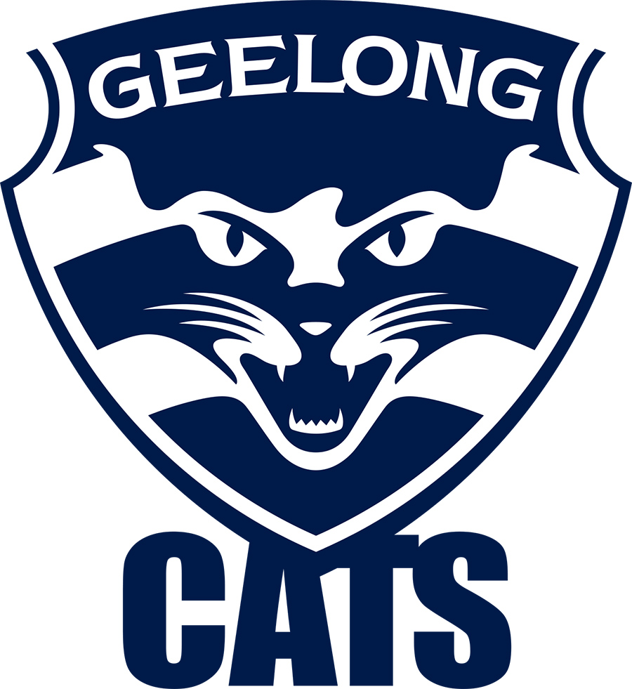 Stylised blue and white logo with a cat face for Geelong cats.