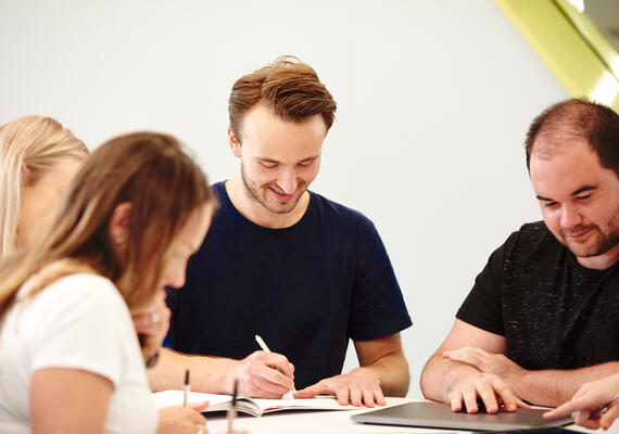 A group of arts and education students study together at the Waurn Ponds Campus.
