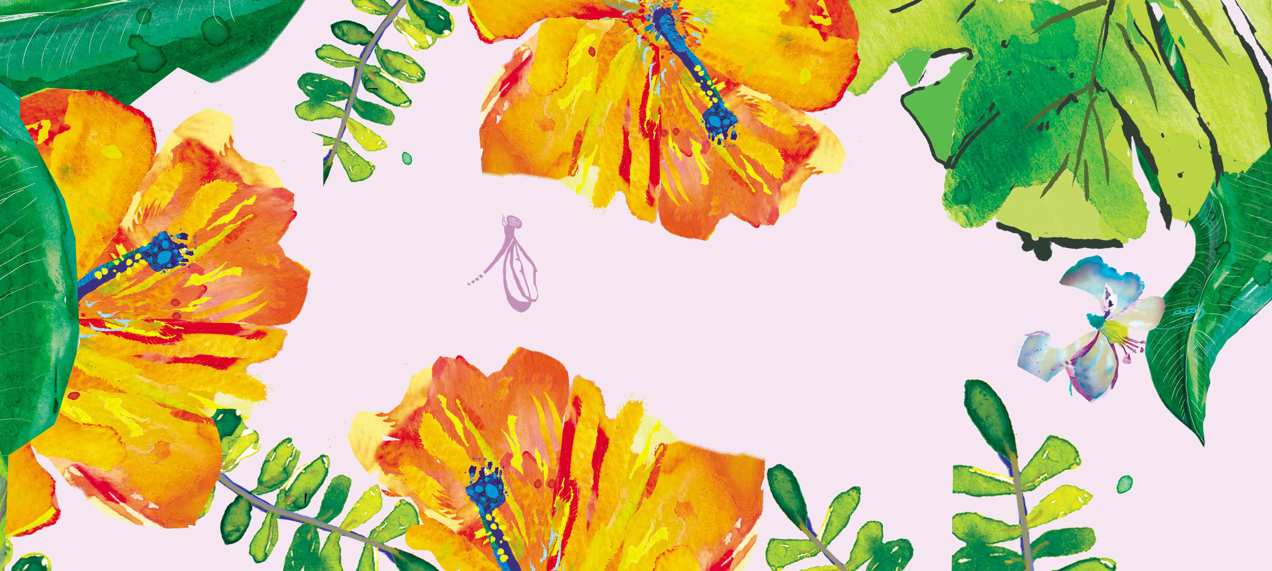 Tropical flowers on a pale pink background
