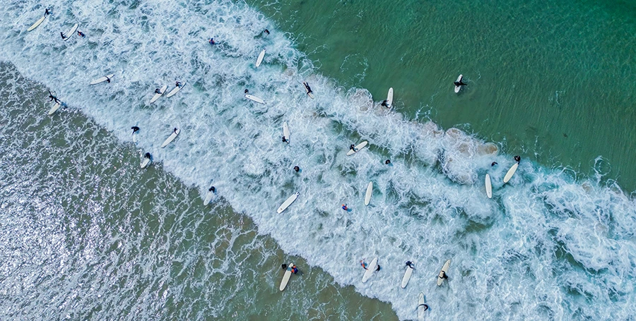 Aerial view of International Summer School students learning to surf at Torquay on Surf Day.