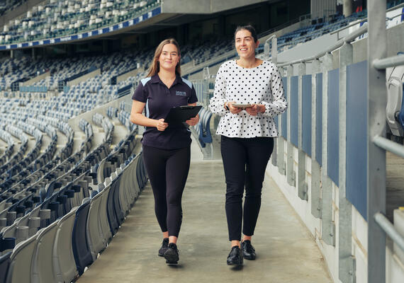 Tow sport science students at Geelong Cats' GMHBA Stadium.