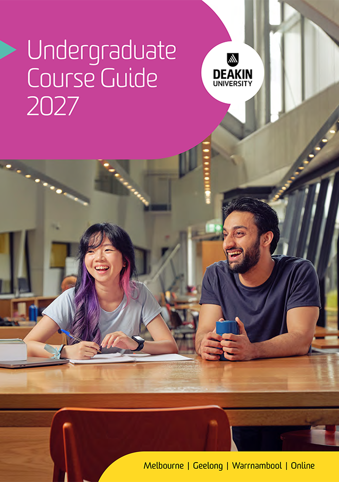 deakin-undergraduate-course-guide-cover-940x660 Cover of Deakin’s 2026 Undergraduate Course Guide, showing two students chatting in a modern campus space. Locations listed below.