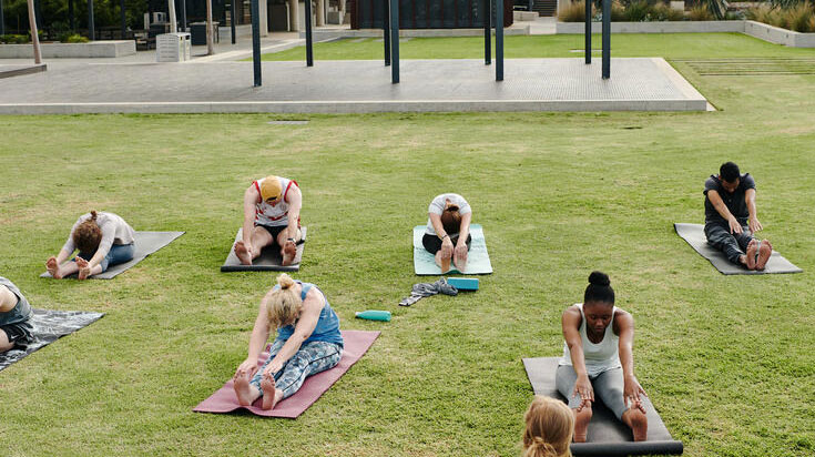 A group of people doing yoga on a patch of grass