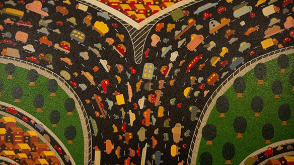 Image: Dean Bowen, Eastbound – Westbound  2008, oil on linen, Donated through the Australian Government's Cultural Gifts Program by Mr Dean Bowen 2012, Deakin University Art Collection, ©  courtesy of the artist and Salt Contemporary Art, Queenscliff; Arthouse Gallery, Sydney; and Australian Galleries, Melbourne and Sydney. Photo by Simon Peter Fox.