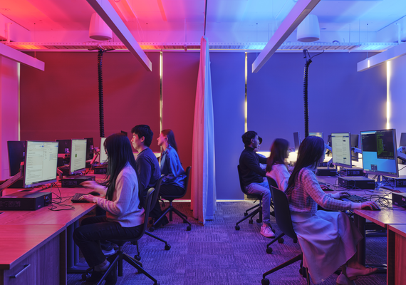 Students undertaking defensive and offensive cyber security training for computer hacking at Deakin's Melbourne Burwood Campus.