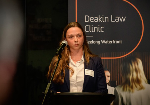 Law student Phoebe speaks at a event for Deakin Law Clinic.