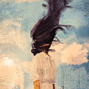 digital artwork of a young woman, her hair twisting upwards over her face