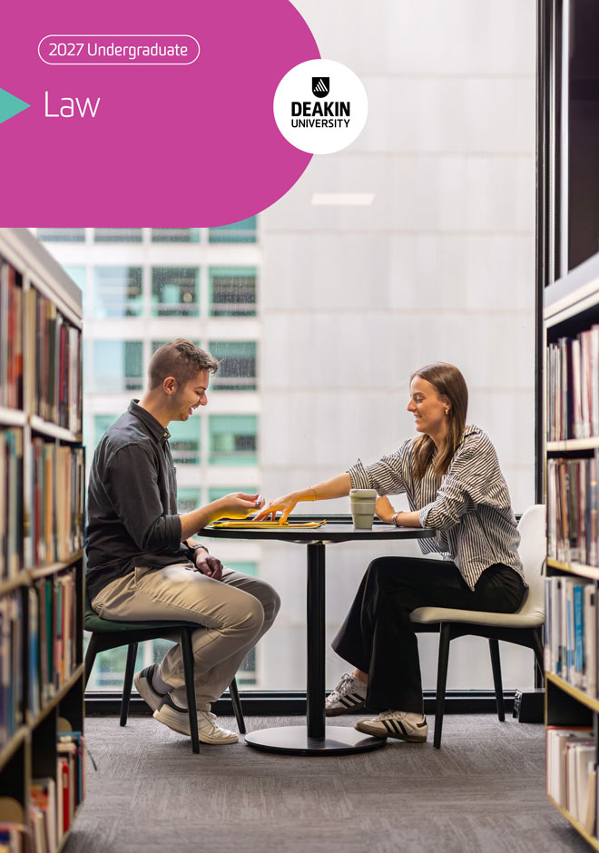 deakin-undergraduate-law-courses-guide-cover-660x940 Cover of Deakin’s 2027 law guide, featuring two students working in a library at a table.