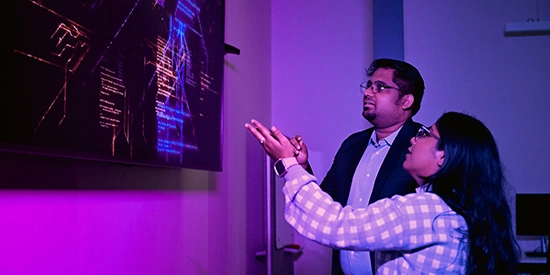 A student and lecturer looking at a large computer screen