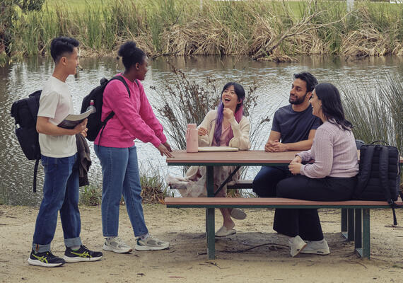 A group of Deakin international students socialise on a park bench