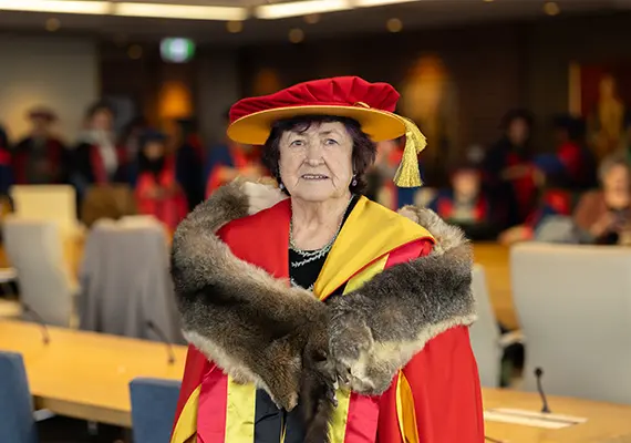 Deakin Honorary Doctorate recipient Aunty Lyn McInnes, a Palawa-Aboriginal woman. She is dressed in graduation regalia.