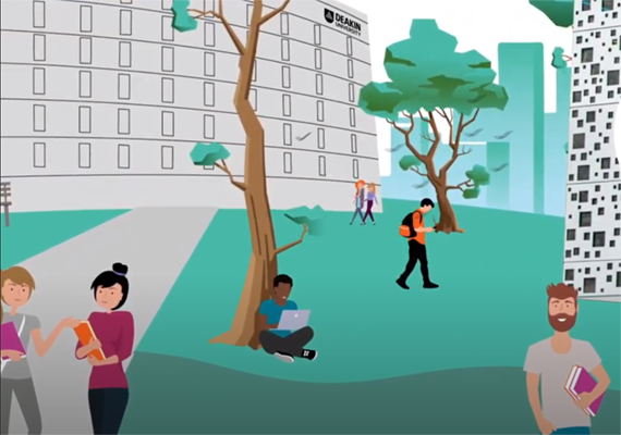 An cartoon-like image of people on Deakin campus