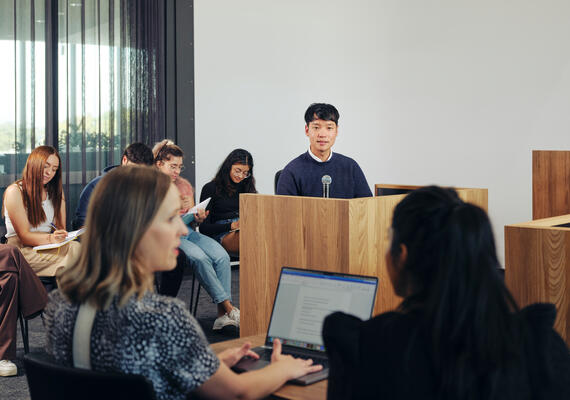 Law students in the Deakin moot court room.