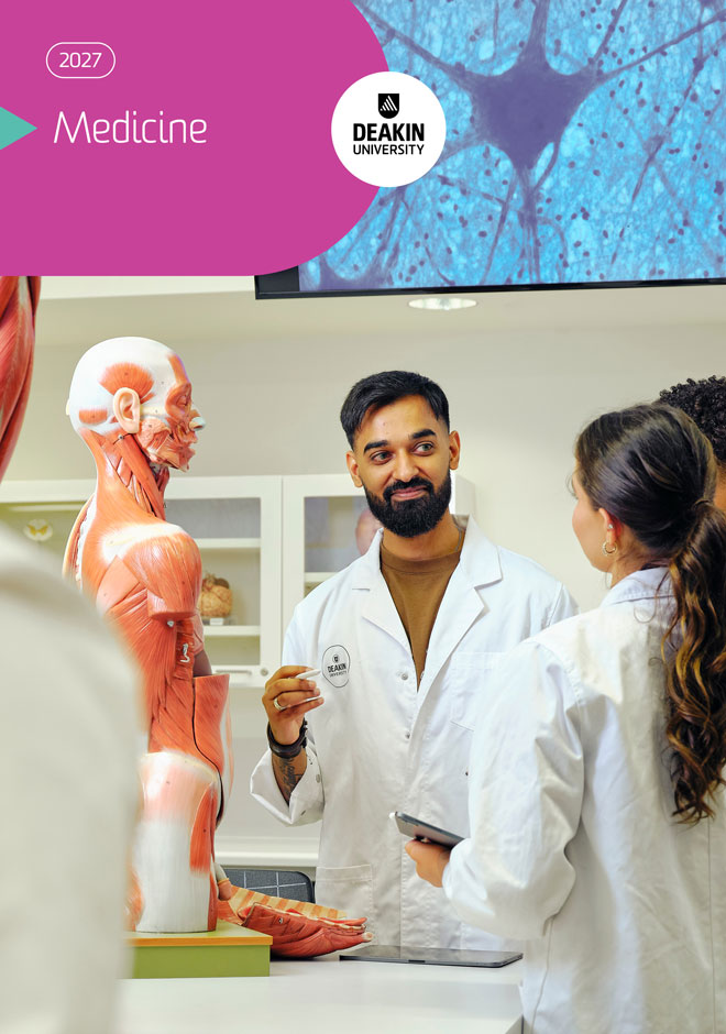 deakin-undergraduate-medicine-course-guide-cover-660x940 2027 Deakin medicine course guide cover showing students in lab coats examining a human model.