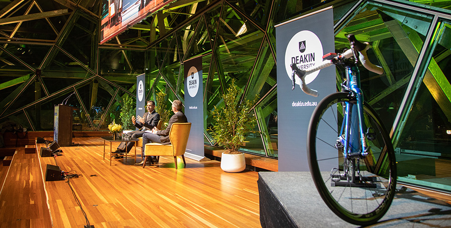 Cadel Evans on stage at the David Parkin Oration for Sport and Social Change.