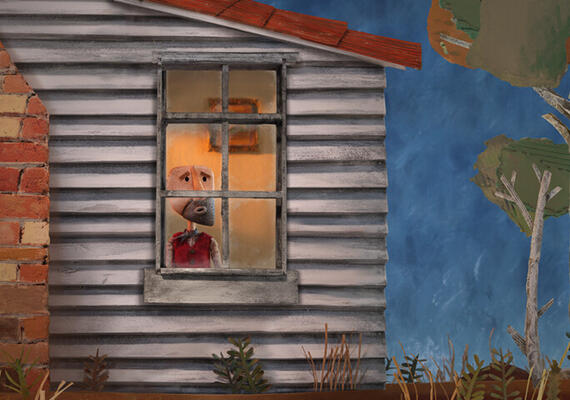 An animated image of a person staring out a window, waiting and looking worried.