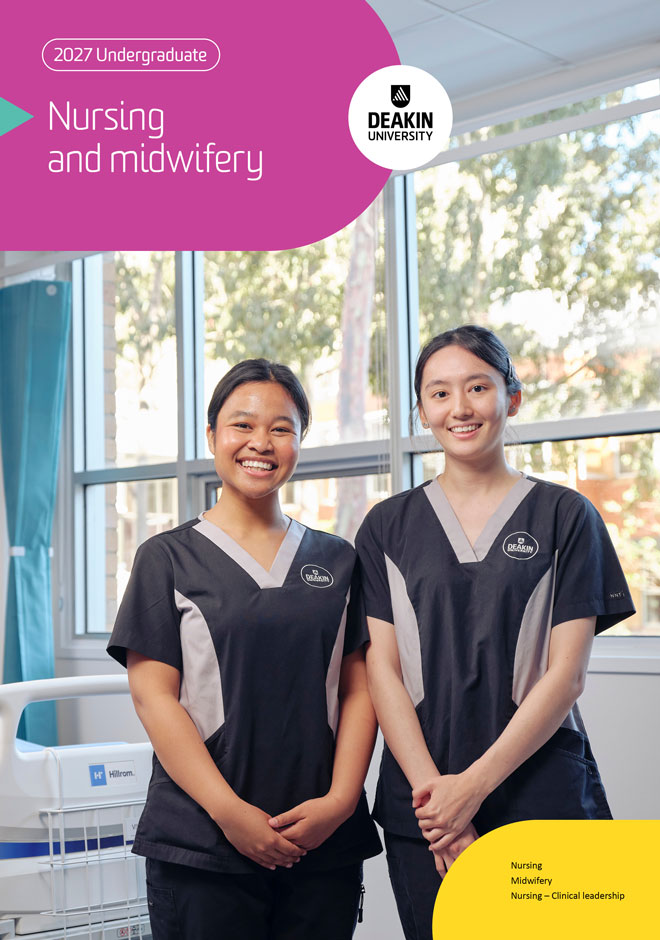 deakin-undergraduate-nursing-and-midwifery-courses-guide-cover-660x940 Cover of Deakin’s 2027 nursing and midwifery guide, showing two smiling students in scrubs standing in a bright clinical setting.