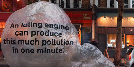 A car with dramatic representation of exhaust fumes and their harm. 
