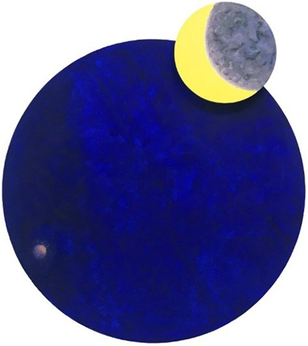 2023_Text_ReRead_Dawson.jpg A painting consisting mostly of a large blue circle with a smaller grey and yellow circle on a top edge