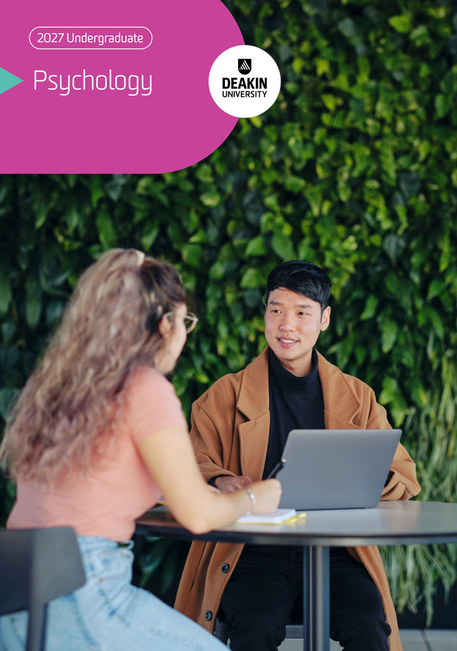 deakin-undergraduate-psychology-courses-guide-cover-660x940 Cover of Deakin’s 2027 psychology guide, showing two students talking and sitting at a table.