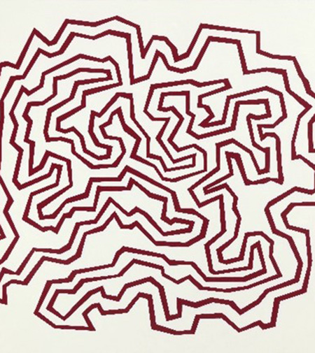 2023_Text_ReRead_Tabacco.jpg An abstract painting of squiggly red line on white