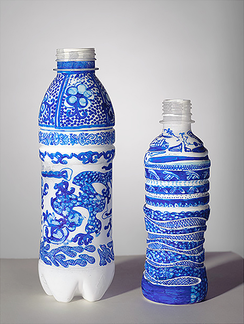 Two blue and white bottles