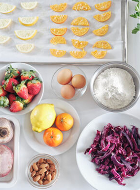 An assortment of healthy fresh food laid out on a table.