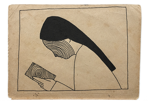 A black line drawing on brown paper of a person holding a book