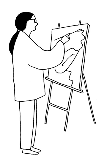 2023_Art_School_Confidential.png A line drawing of a person at an easel, painting.