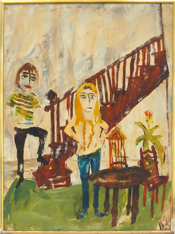 2023_A_Leg_Through_the_Ceiling.jpg A painting of two people standing in a room, with a staircase behind them.