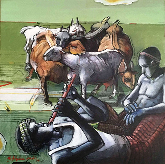 A painting of two people and cows, in a South Asian style.